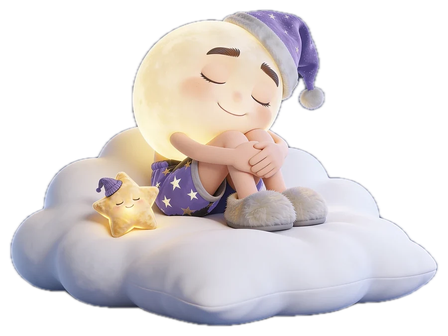 Luna, the moon, asleep on a cloud
